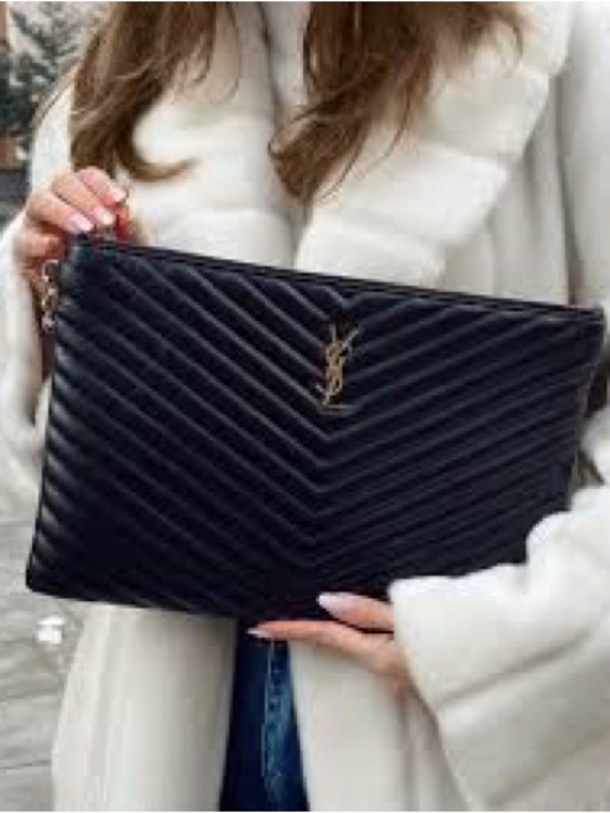 Saint Laurent Handbags - Saint Laurent Black Quilted Chevron Leather Wristlet with Gold YSL